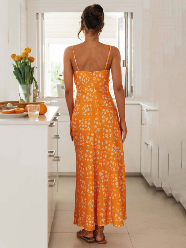 Maxi Dresses- Floral Vacation-ready Sheath Cami Maxi Dress with Frill Accents- - Chuzko Women Clothing