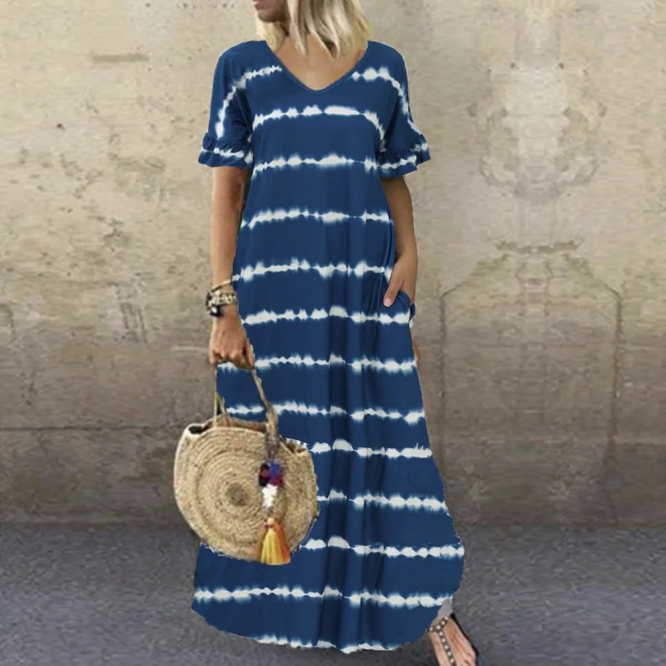 Maxi Dresses- Flowy Tie-Dye Maxi Dress for Every Summer Occasion- Navy Blue- Chuzko Women Clothing