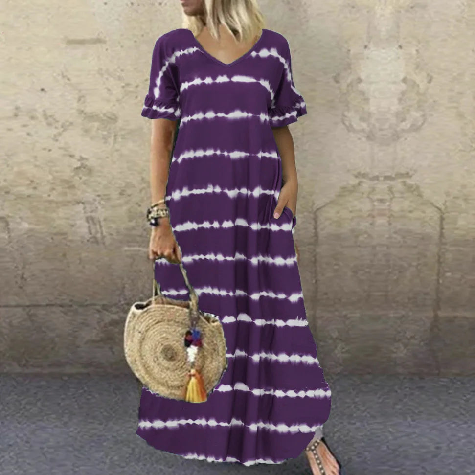 Maxi Dresses- Flowy Tie-Dye Maxi Dress for Every Summer Occasion- PURPLE- Chuzko Women Clothing