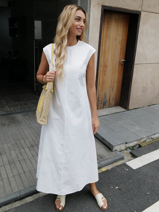 Maxi Dresses- Sleeveless Maxi Dress in Solid Cotton for Summer Gatherings- White- Chuzko Women Clothing