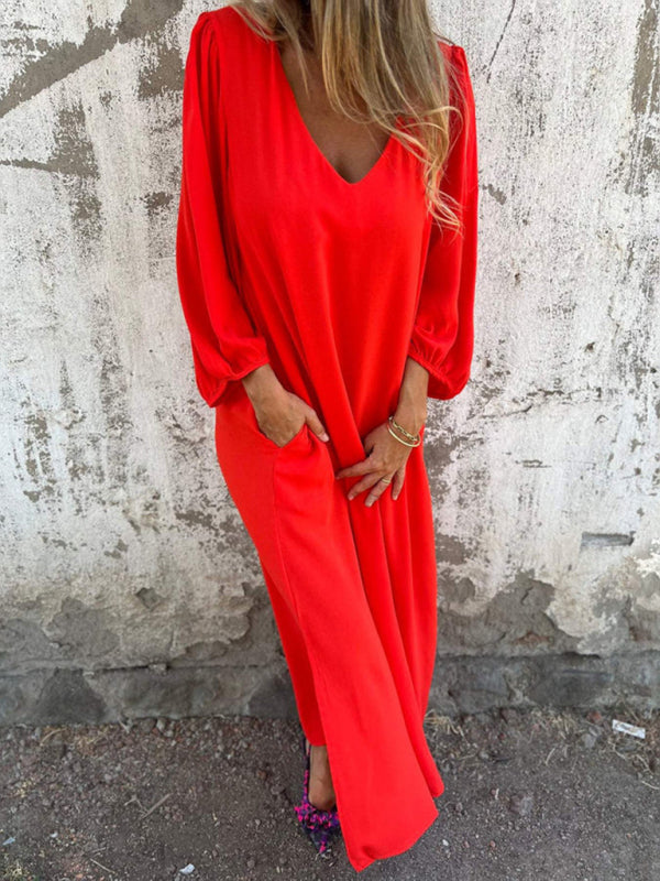 Maxi Dresses- Summer Loose V-Neck Tunic Maxi Dress with Long Sleeves- - Chuzko Women Clothing