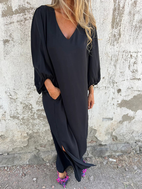 Maxi Dresses- Summer Loose V-Neck Tunic Maxi Dress with Long Sleeves- - Chuzko Women Clothing