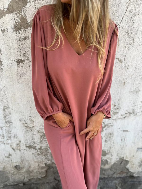 Maxi Dresses- Summer Loose V-Neck Tunic Maxi Dress with Long Sleeves- - Chuzko Women Clothing