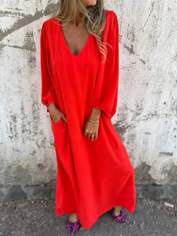 Maxi Dresses- Summer Loose V-Neck Tunic Maxi Dress with Long Sleeves- - Chuzko Women Clothing