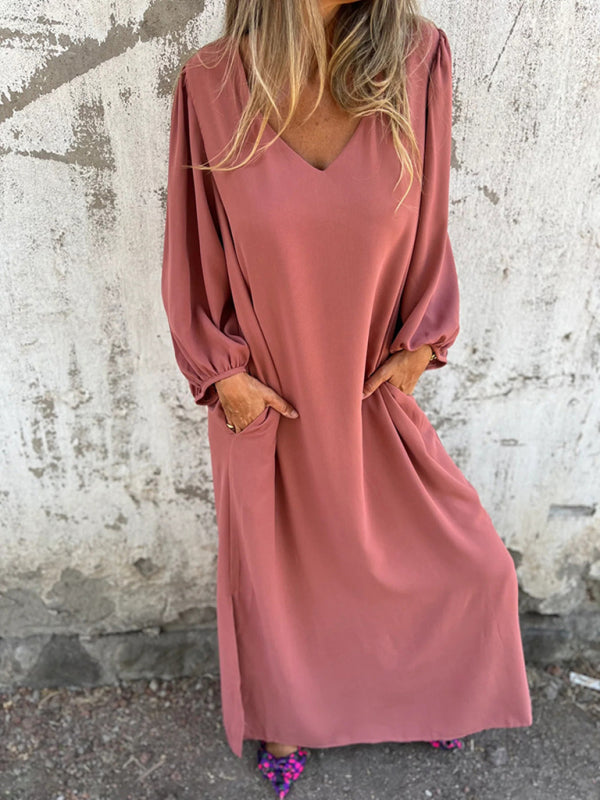 Maxi Dresses- Summer Loose V-Neck Tunic Maxi Dress with Long Sleeves- - Chuzko Women Clothing