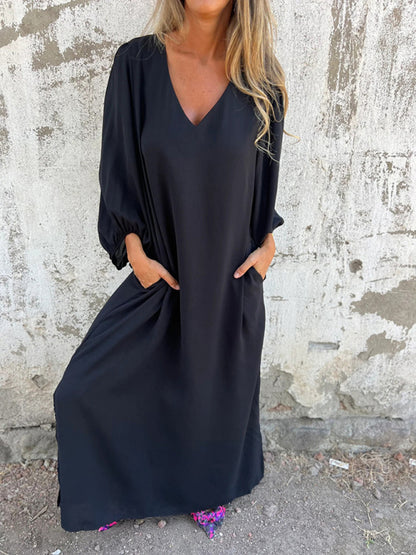 Maxi Dresses- Summer Loose V-Neck Tunic Maxi Dress with Long Sleeves- - Chuzko Women Clothing