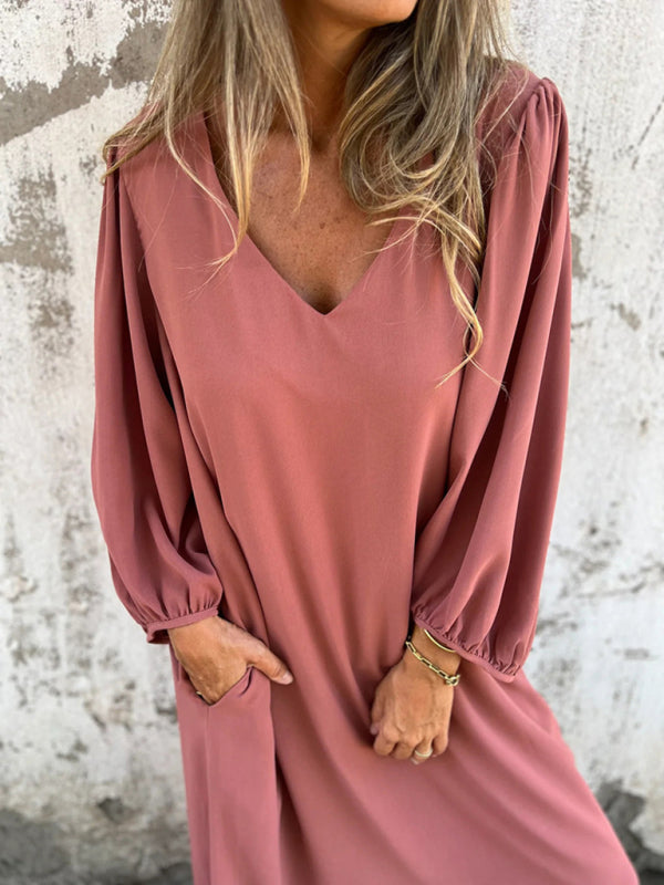 Maxi Dresses- Summer Loose V-Neck Tunic Maxi Dress with Long Sleeves- Pink- Chuzko Women Clothing