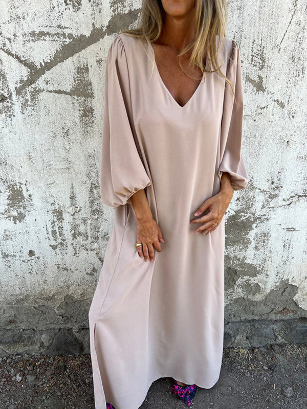 Maxi Dresses- Summer Loose V-Neck Tunic Maxi Dress with Long Sleeves- - Chuzko Women Clothing