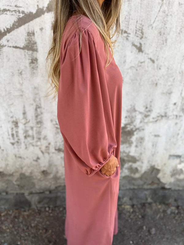 Maxi Dresses- Summer Loose V-Neck Tunic Maxi Dress with Long Sleeves- - Chuzko Women Clothing