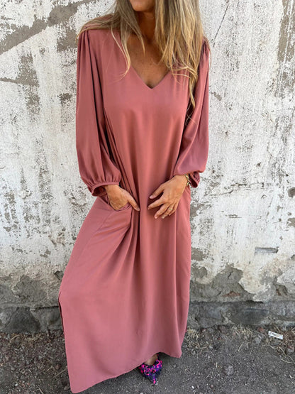 Maxi Dresses- Summer Loose V-Neck Tunic Maxi Dress with Long Sleeves- - Chuzko Women Clothing