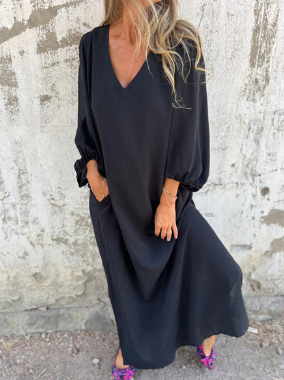 Maxi Dresses- Summer Loose V-Neck Tunic Maxi Dress with Long Sleeves- - Chuzko Women Clothing