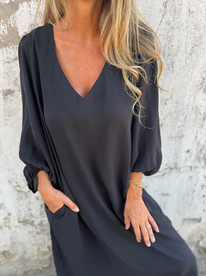 Maxi Dresses- Summer Loose V-Neck Tunic Maxi Dress with Long Sleeves- Black- Chuzko Women Clothing