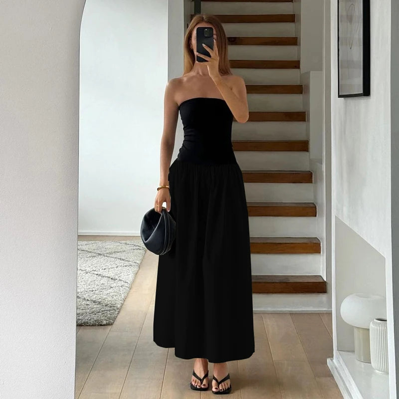 Maxi Dresses- Two-Tone Contrast Strapless Maxi Dress- Black- Chuzko Women Clothing