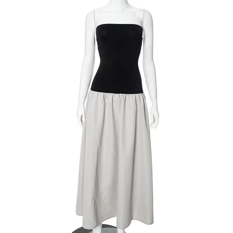 Maxi Dresses- Two-Tone Contrast Strapless Maxi Dress- - Chuzko Women Clothing
