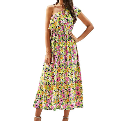 Maxi Dresses- Women Boho Floral One-Shoulder Belted Dress- - Chuzko Women Clothing