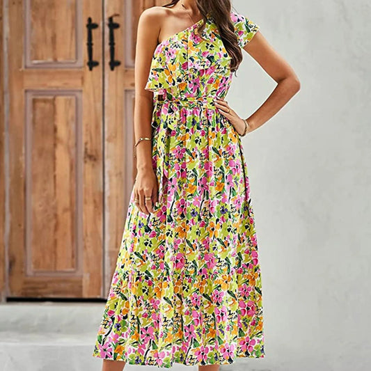 Maxi Dresses- Women Boho Floral One-Shoulder Belted Dress- - Chuzko Women Clothing