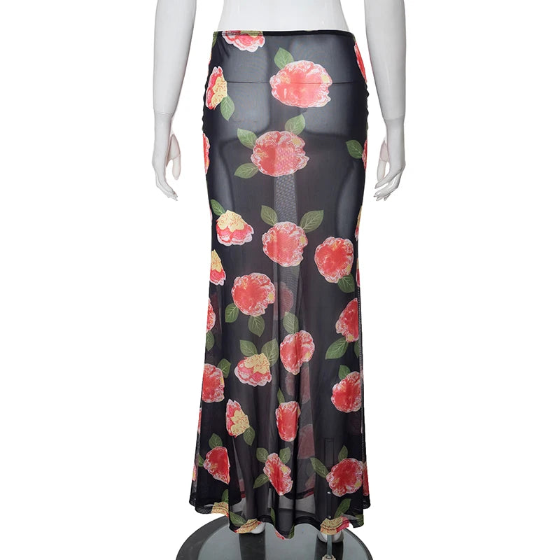 Maxi Skirts- Boho Mesh Mermaid Maxi Skirt - Floral Trumpet Style- - Chuzko Women Clothing