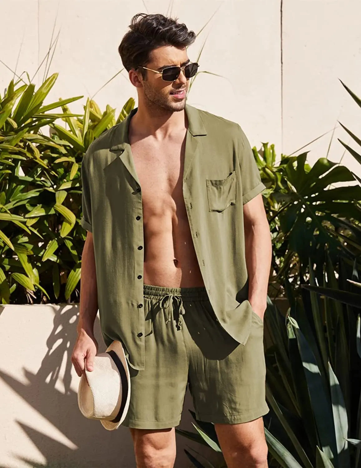 Men Outfits- Men’s Summer Resort Wear - Ideal for Beach & Casual Outings- Army Green- Chuzko Women Clothing