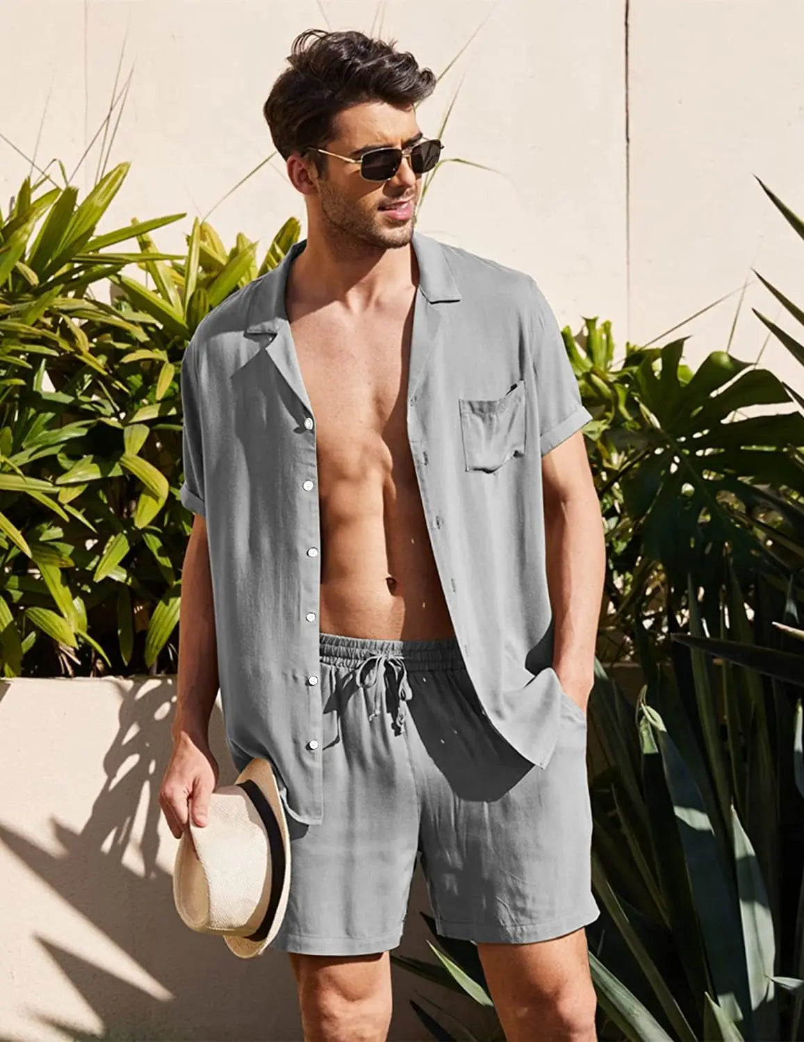 Men Outfits- Men’s Summer Resort Wear - Ideal for Beach & Casual Outings- GRAY- Chuzko Women Clothing