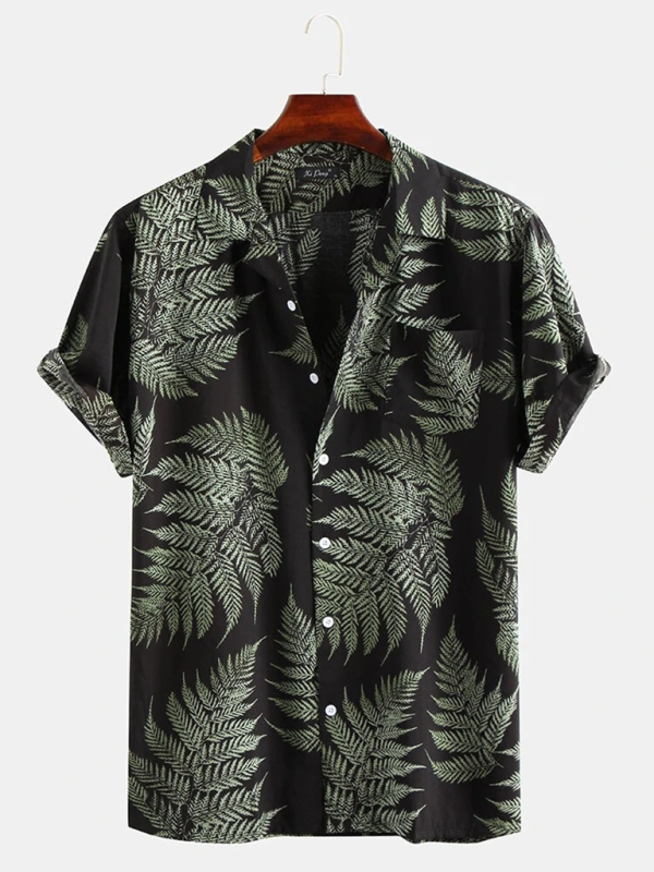 Men Shirts- Men's Cotton Hawaiian Shirt with Notch Lapel- Black- Chuzko Women Clothing