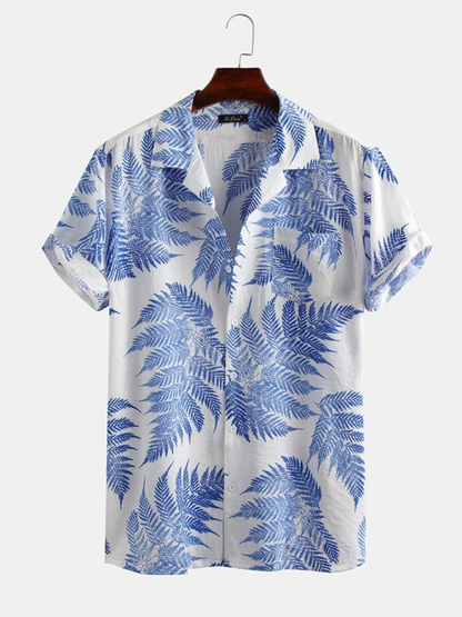 Men Shirts- Men's Cotton Hawaiian Shirt with Notch Lapel- Clear blue- Chuzko Women Clothing