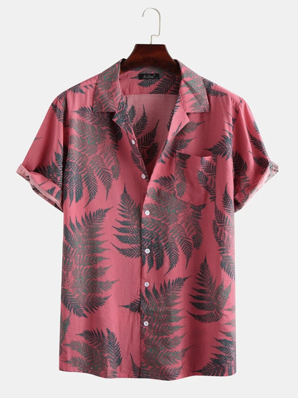 Men Shirts- Men's Cotton Hawaiian Shirt with Notch Lapel- Pink- Chuzko Women Clothing