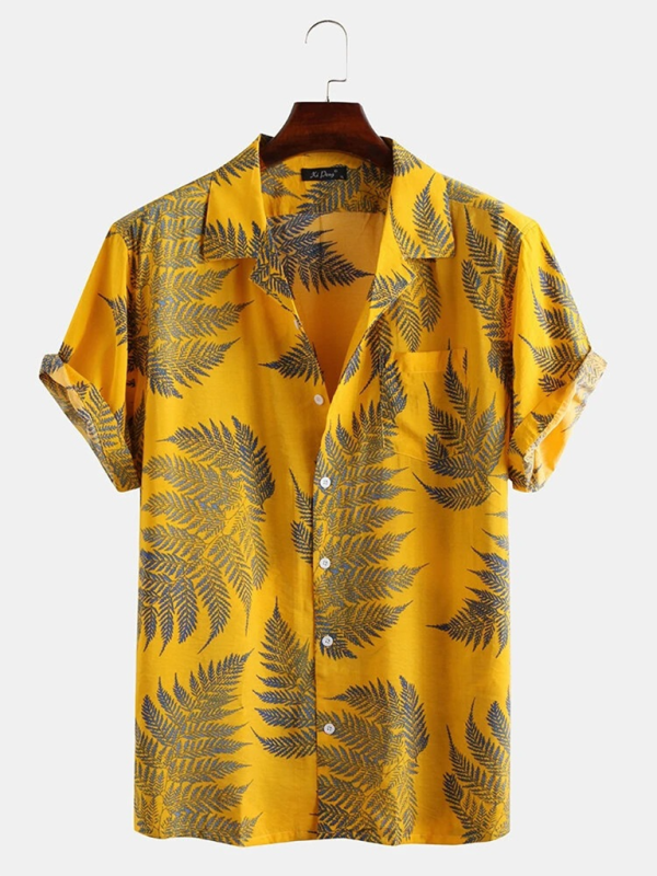 Men Shirts- Men's Cotton Hawaiian Shirt with Notch Lapel- Yellow- Chuzko Women Clothing