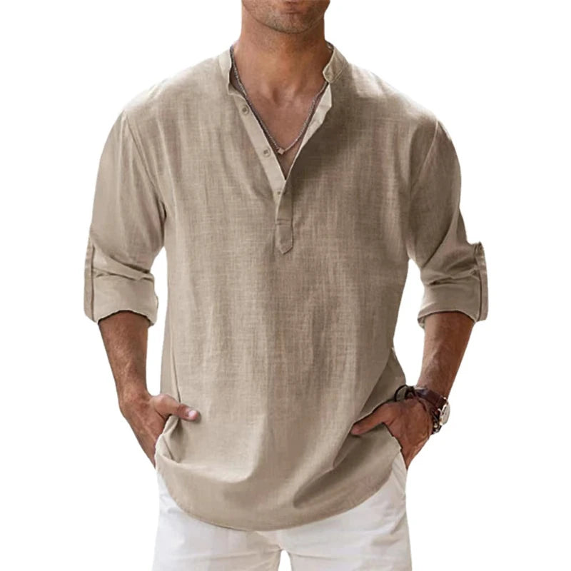 Men Shirts- Men's Lightweight Linen Blend Shirt- Khaki- Chuzko Women Clothing