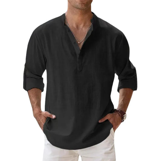 Men Shirts- Men's Lightweight Linen Blend Shirt- Black- Chuzko Women Clothing