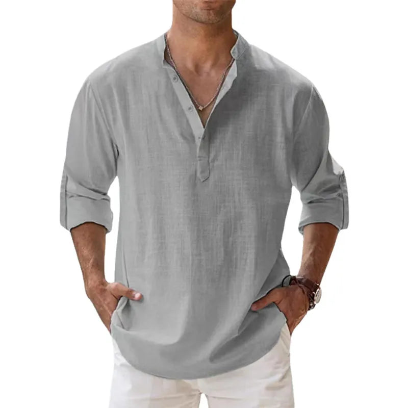Men Shirts- Men's Lightweight Linen Blend Shirt- Grey- Chuzko Women Clothing