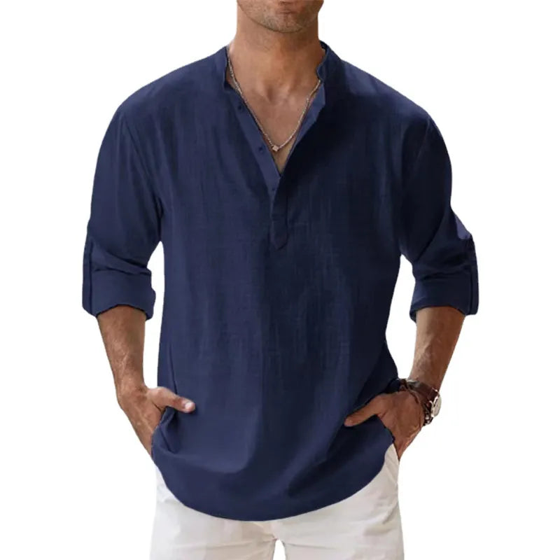 Men Shirts- Men's Lightweight Linen Blend Shirt- Navy- Chuzko Women Clothing