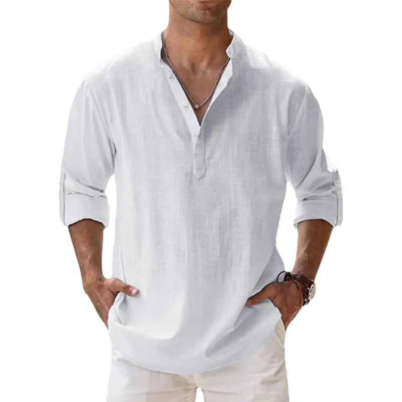 Men Shirts- Men's Lightweight Linen Blend Shirt- White- Chuzko Women Clothing