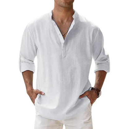 Men Shirts- Men's Lightweight Linen Blend Shirt- White- Chuzko Women Clothing