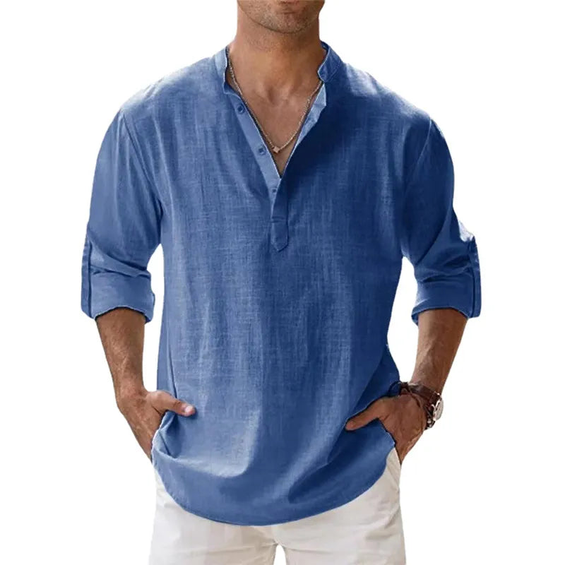 Men Shirts- Men's Lightweight Linen Blend Shirt- Denim Blue- Chuzko Women Clothing