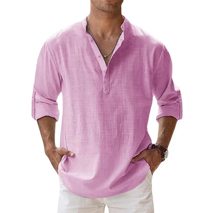 Men Shirts- Men's Lightweight Linen Blend Shirt- Pink- Chuzko Women Clothing