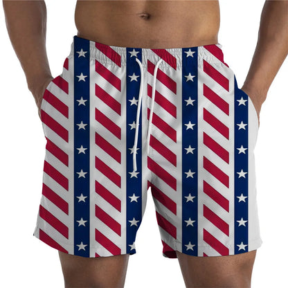Men Shorts- Men's American Flag Swim Shorts for Summer Celebrations- Stripe Print- Chuzko Women Clothing