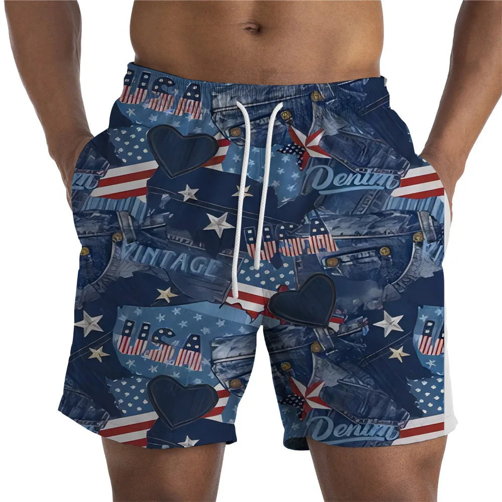 Men Shorts- Men's American Flag Swim Shorts for Summer Celebrations- - Chuzko Women Clothing
