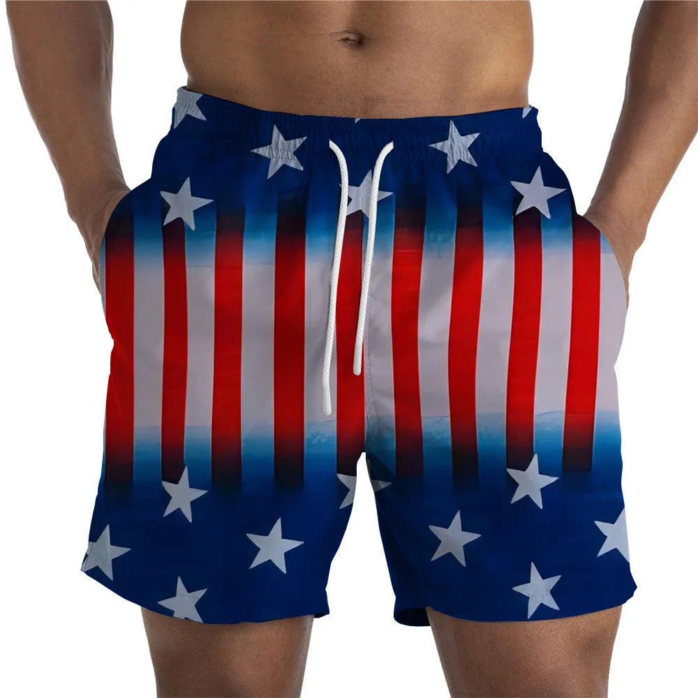 Men Shorts- Men's American Flag Swim Shorts for Summer Celebrations- Blue- Chuzko Women Clothing