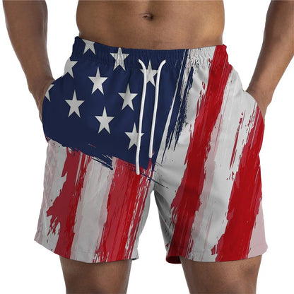 Men Shorts- Men's American Flag Swim Shorts for Summer Celebrations- Red- Chuzko Women Clothing