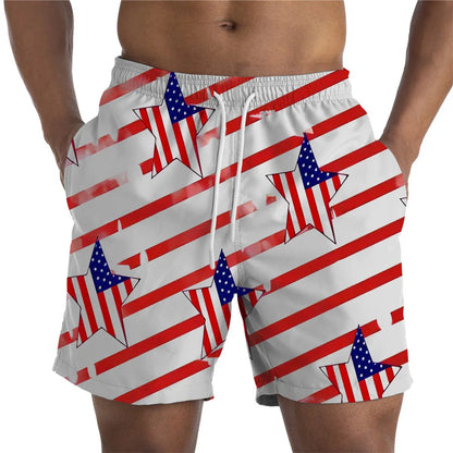 Men Shorts- Men's American Flag Swim Shorts for Summer Celebrations- Red Stripe Print- Chuzko Women Clothing