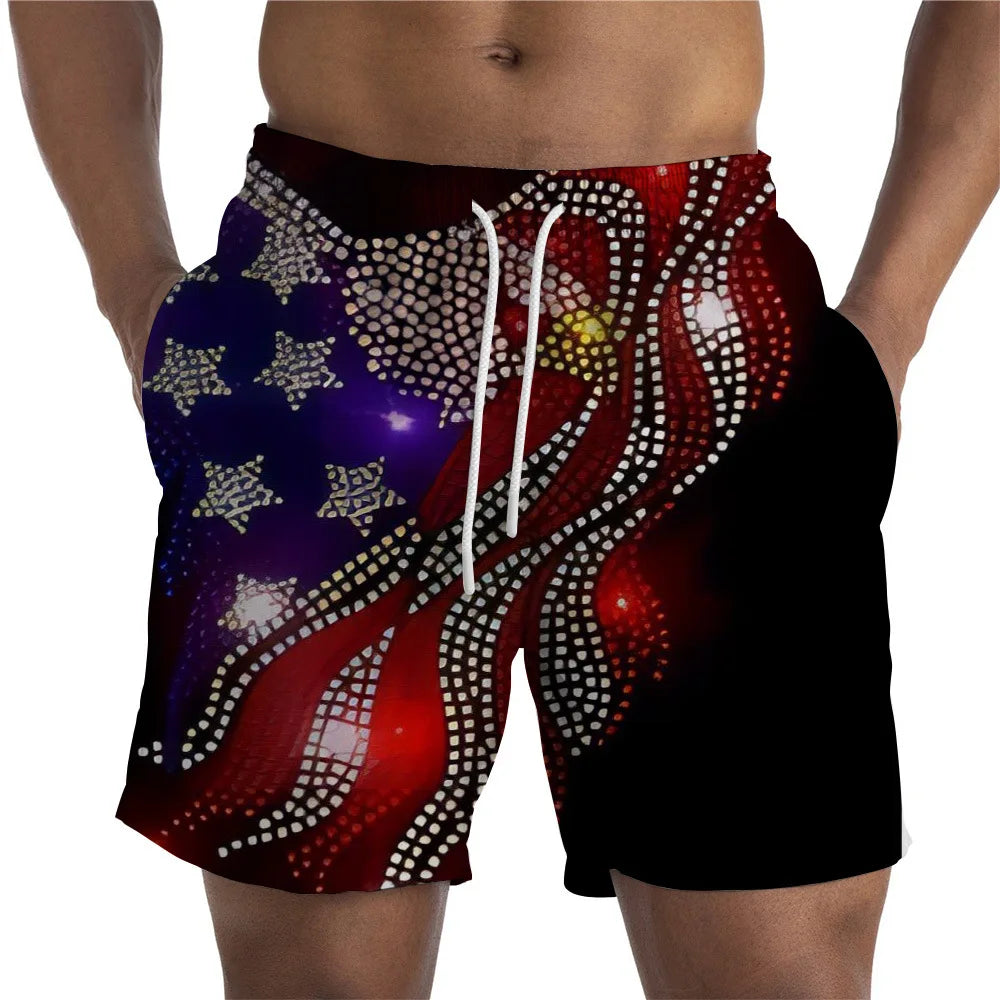 Men Shorts- Men's American Flag Swim Shorts for Summer Celebrations- Black- Chuzko Women Clothing