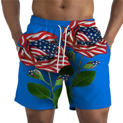 Men Shorts- Men's American Flag Swim Shorts for Summer Celebrations- Electric Blue- Chuzko Women Clothing