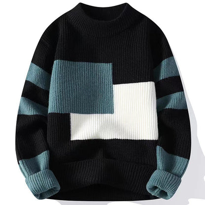 Men Sweaters- Men's Color Block Loose Knit Sweater for Chilly Days- 021 Pearl Black- Chuzko Women Clothing