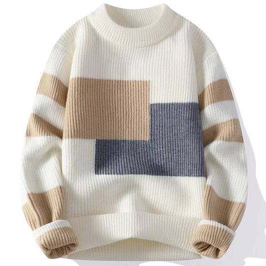 Men Sweaters- Men's Color Block Loose Knit Sweater for Chilly Days- 021 Pearl White- Chuzko Women Clothing