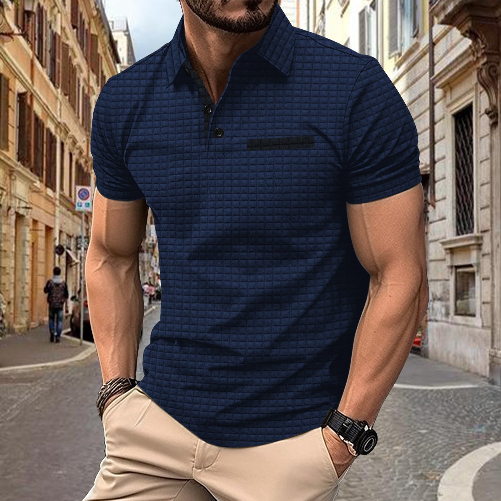 Men T-Shirts- Jacquard Plaid Polo T-Shirt with Elegant Collar for Men's Everyday Style- Navy Blue- Chuzko Women Clothing