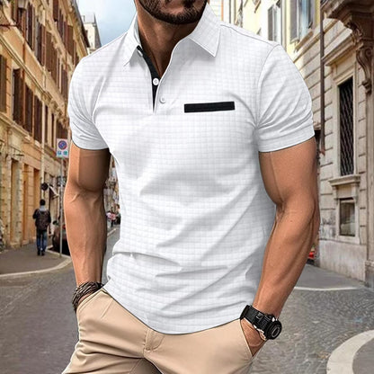 Men T-Shirts- Jacquard Plaid Polo T-Shirt with Elegant Collar for Men's Everyday Style- White- Chuzko Women Clothing
