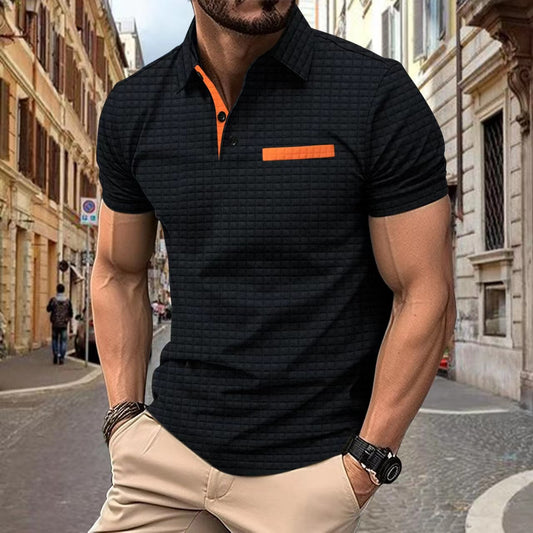 Men T-Shirts- Jacquard Plaid Polo T-Shirt with Elegant Collar for Men's Everyday Style- Black- Chuzko Women Clothing