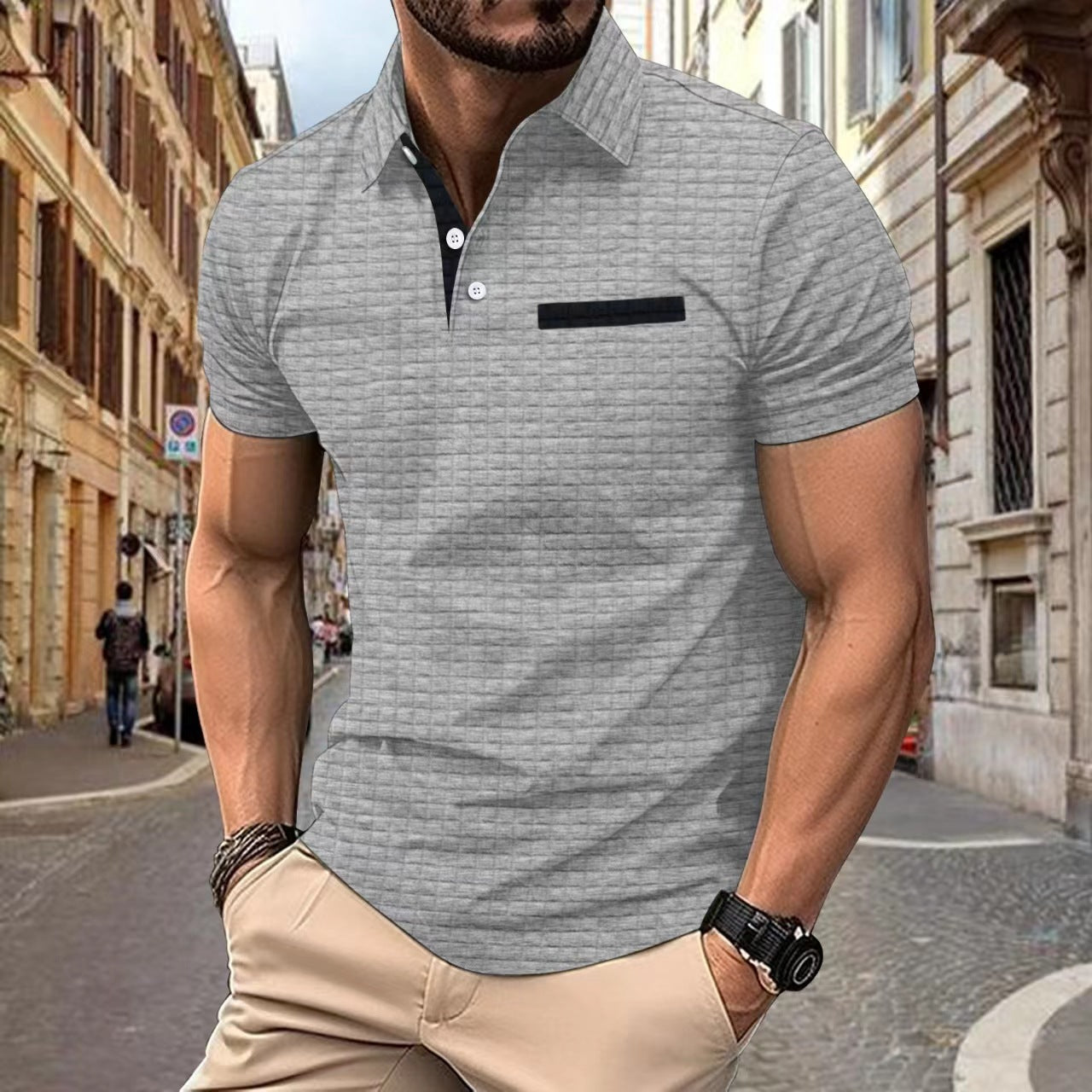Men T-Shirts- Jacquard Plaid Polo T-Shirt with Elegant Collar for Men's Everyday Style- Light Gray- Chuzko Women Clothing