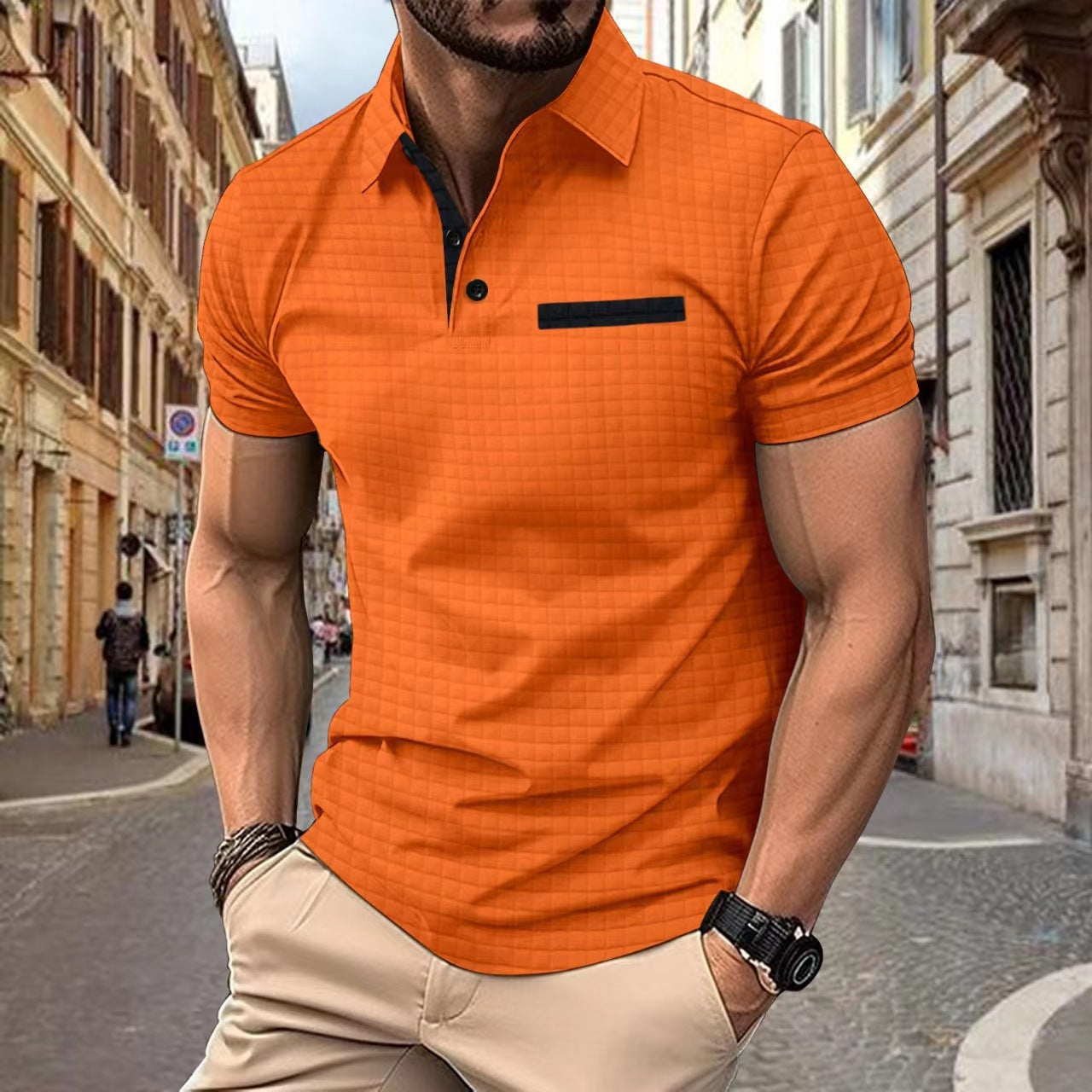 Men T-Shirts- Jacquard Plaid Polo T-Shirt with Elegant Collar for Men's Everyday Style- Orange- Chuzko Women Clothing