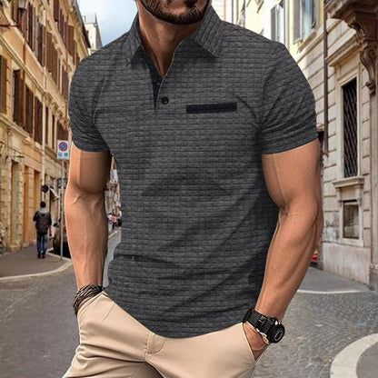 Men T-Shirts- Jacquard Plaid Polo T-Shirt with Elegant Collar for Men's Everyday Style- Dark Gray- Chuzko Women Clothing